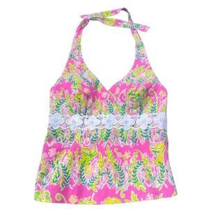 Lilly Pulitzer Millionaires Row Print Pink Halter Top Vintage White Tag - Size 8